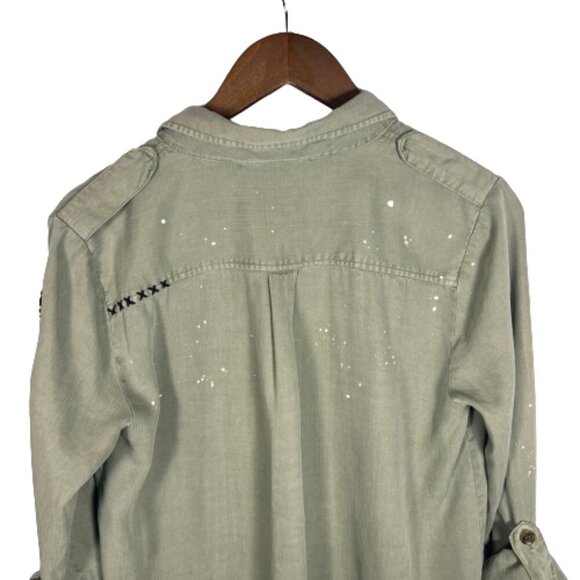 Lovestitch Womens Button Up Shirt Sz S Army Green Patches Paint Spatter Grunge - Picture 13 of 15
